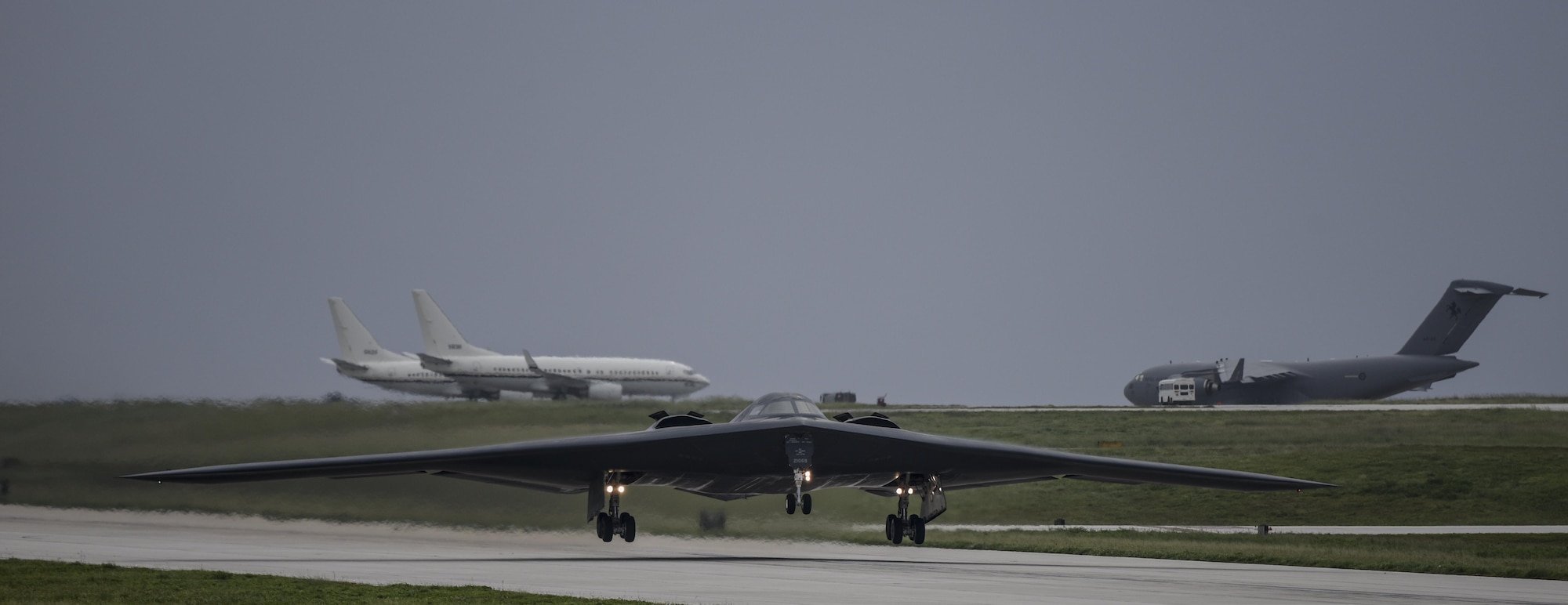 A U.S. Air Force B-2 Spirit takes off at Andersen Air Force Base, Guam, for an integrated bomber operation Aug.17, 2016. This mission marks the first time in history that all three of Air Force Global Strike Command's strategic bomber aircraft are simultaneously conducting integrated operations in the U.S. Pacific Command area of operations. As of Aug. 15, the B-1 Lancer will be temporarily deployed to Guam in support of U.S. Pacific Command's Continuous Bomber Presence mission. (U.S. Air Force photo by Tech Sgt Richard P. Ebensberger/Released)