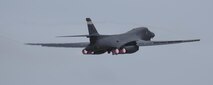 A U.S. Air Force B-1 Lancer takes off at Andersen Air Force Base, Guam, for an integrated bomber operation Aug.17, 2016. This mission marks the first time in history that all three of Air Force Global Strike Command's strategic bomber aircraft are simultaneously conducting integrated operations in the U.S. Pacific Command area of operations. As of Aug. 15, the B-1 Lancer will be temporarily deployed to Guam in support of U.S. Pacific Command's Continuous Bomber Presence mission. (U.S. Air Force photo by Tech Sgt Richard P. Ebensberger/Released)