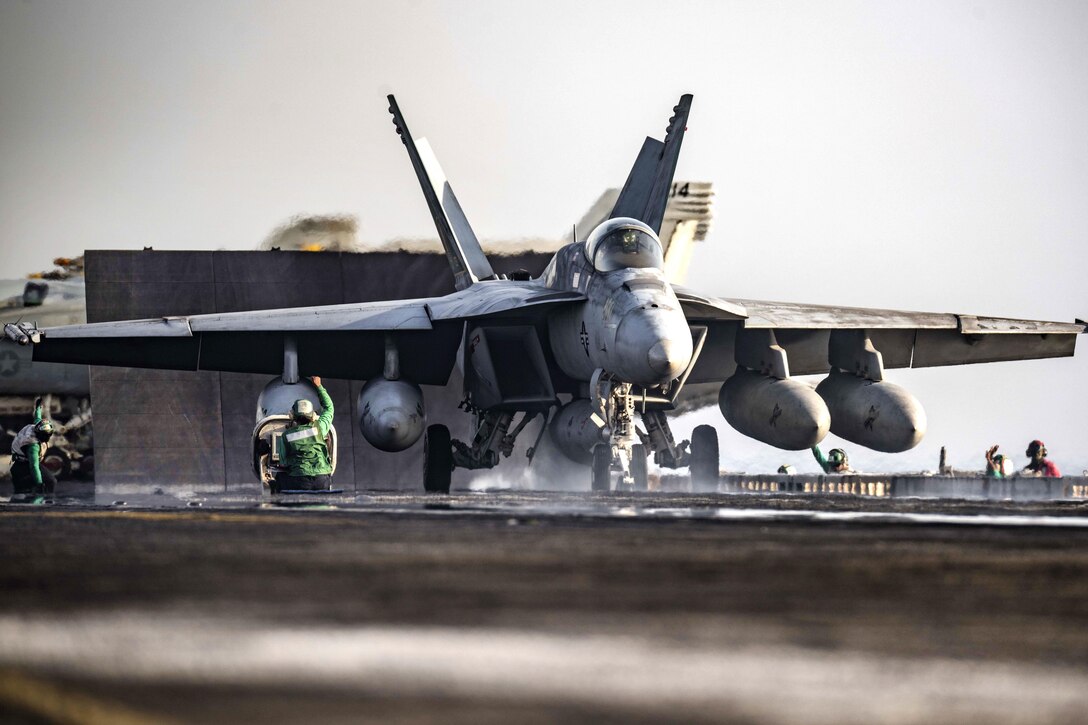 An F/A-18E Super Hornet launches from the flight deck of the aircraft carrier USS Dwight D. Eisenhower in the Arabian Gulf, Aug. 8, 2016. The Super Hornet is assigned to Strike Fighter Squadron 105. Navy photo by Petty Officer 3rd Class J. Alexander Delgado
