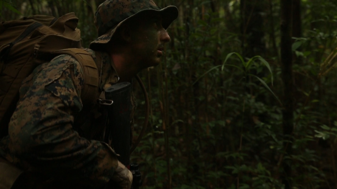 Lance Cpl. Jacob Scott keeps watch during a field operation at the Jungle Warfare Training Center in Okinawa, Japan. The military policeman with Company B, 3rd Law Enforcement Battalion, III Marine Expeditionary Force Headquarters Group, III MEF conduct monthly training to maintain and sharpen skills for patrols in enemy territory. Scott, from Phoenix, Arizona, is a field military policeman with Company B, 3rd LE Bn, III MHG, III MEF. (U.S. Marine Corps photo by Lance Cpl. Kelsey M. Dornfeld/ Released)