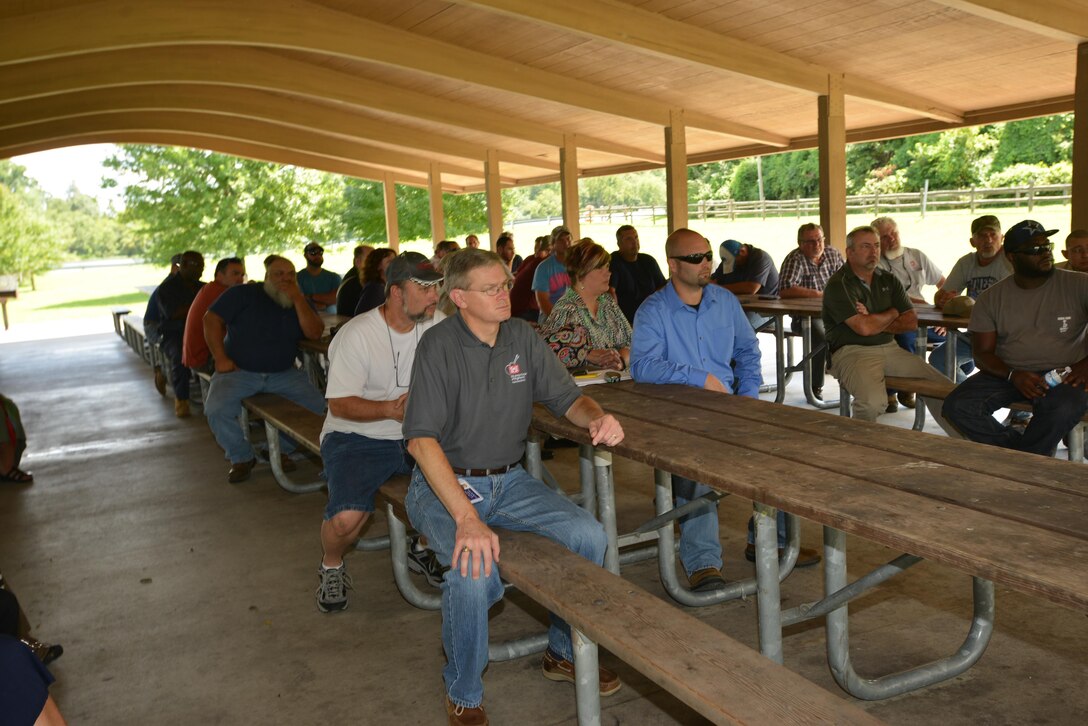 Nashville District’s past and present members of the repair fleet attend a recognition ceremony at Old Hickory Dam in Old Hickory, Tenn., Aug. 15, 2016 that recognized their contributions as the fleet is being reorganized into a regional light fleet.