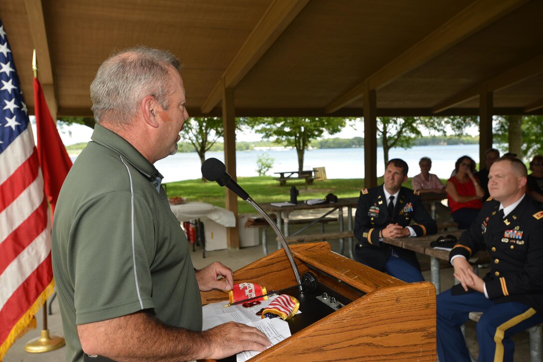 Greg Cox, chief of the maintenance section and supervisor of the Nashville District repair party, thanks all of the maintainers for their hard work and dedication during a ceremony at Old Hickory Dam in Old Hickory, Tenn., Aug. 15, 2016.  The district recognized team members past and present for their service to the fleet as it reorganizes into a regional light repair fleet.