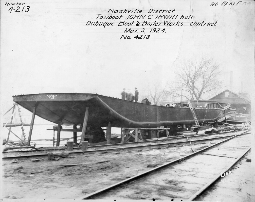 The hull of Nashville District’s Towboat John C. Irwin is seen here at the Dubuque Boat and Boiler Works at Dubuque, Iowa March 3, 1924. The district's repair fleet is being reorganized into a regional light repair fleet effective Oct. 1, 2016. 