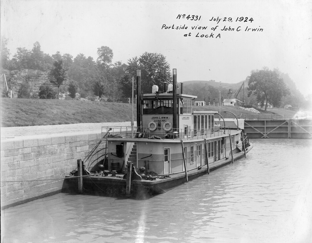 This is a portside view of the Towboat John C. Irwin at Lock A on the Cumberland River in Ashland City, Tenn., July 29, 1924. The district's repair fleet is being reorganized into a regional light repair fleet effective Oct. 1, 2016.