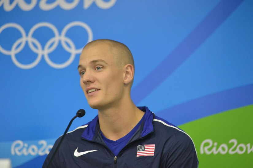 U.S. Army Reserve 2nd Lt. Sam Kendricks of Oxford, Miss., wins the bronze medal in the men's pole vault with a mark of 5.85 meters at the 2016 Olympic Games on Aug. 15, 2016 in Rio de Janeiro. Brazil's Thiago Braz de Silva took the gold with an Olympic record mark of 6.03 meters. France's Renaud Lavillenie claimed the bronze at 5.98 meters. (Photo Credit: Tim Hipps)