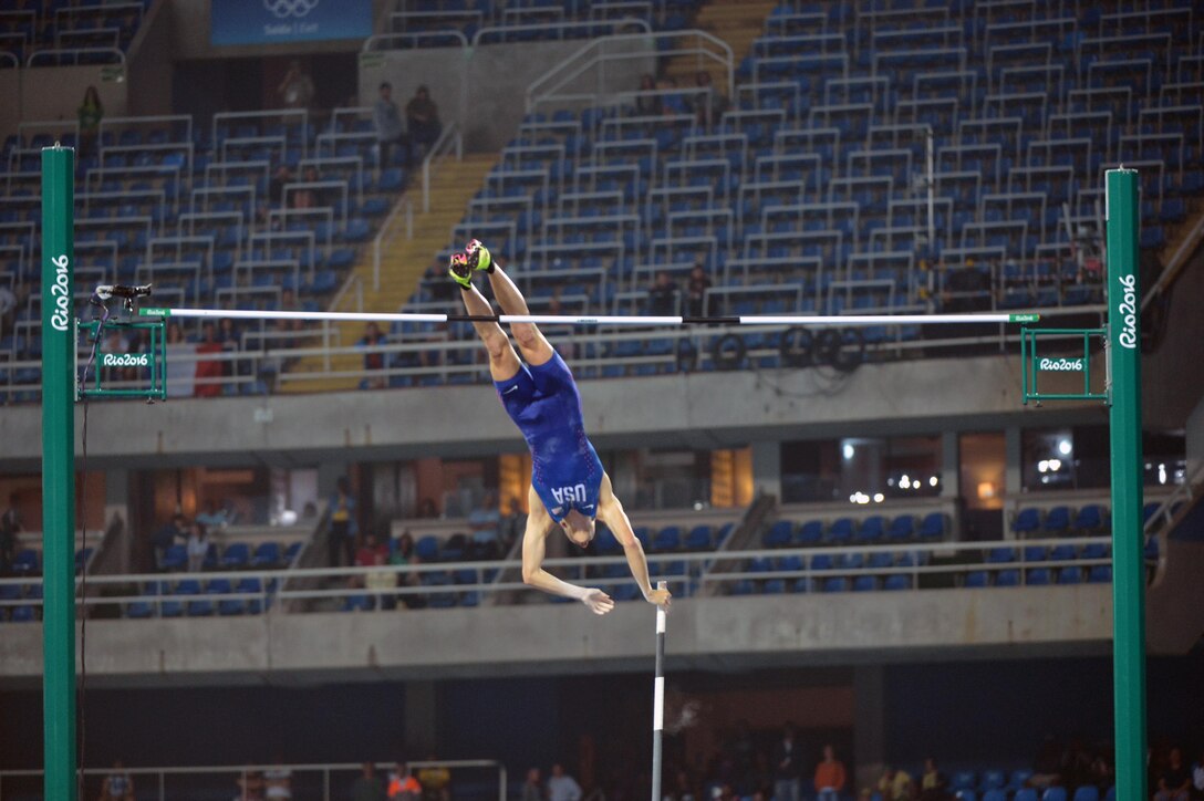 U.S. Army Reserve 2nd Lt. Sam Kendricks of Oxford, Mississippi wins the bronze medal in the men's pole vault with a mark of 5.85 meters at the 2016 Rio Olympic Games on Aug. 15 in Rio de Janeiro. Brazil's Thiago Braz de Silva took the gold with an Olympic record mark of 6.03 meters. France's Renaud Lavillenie claimed the bronze at 5.98 meters. U.S. Army photo by Tim Hipps, IMCOM Public Affairs #SoldierOlympians #ArmyOlympians #RoadToRio #ArmyTeam #ArmyStrong #GoArmy #TeamUSA 