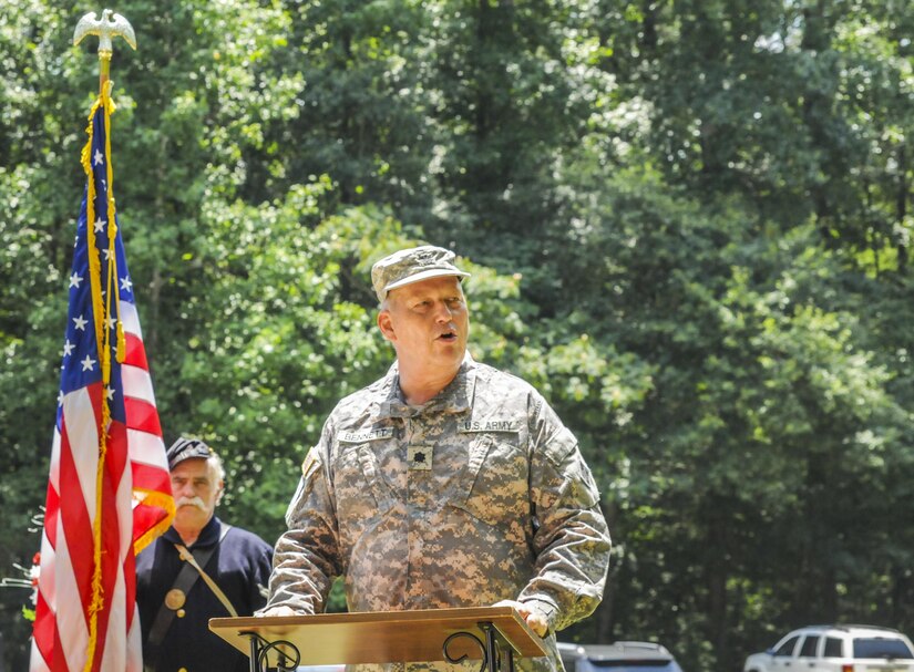 Army Reserve Lt. Col. L. Perry Bennett, division historian for the 4th Infantry Division, Fort Carson, Colorado and previous command historian for the 335th Signal Command (Theater), East Point, Georgia, speaks at Cascade Nature Preserve, East Point, Georgia, Aug. 6, at the dedication of a historical marker recognizing the sacrifice of those who fought in the Battle of Utoy Creek Aug. 4-7, 1864 during the Atlanta Campaign of the American Civil War.  (U.S. Army photo by Sgt. Stephanie A. Hargett) (Released)