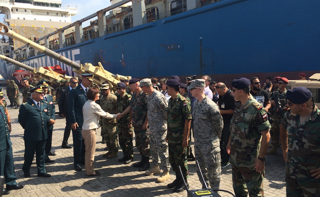U.S. Ambassador Elizabeth H. Richard greets members of the Lebanese Armed Forces upon the arrival of $50 million shipment of U.S. military assistance to the Lebanese Armed Forces.