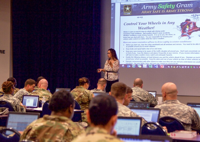CAMP Robinson, Ark. - Melissa Martinez, the 80th Training Command safety director and occupational health specialist, provides safe driving tips during the 80th Training Command safety workshop held here Aug. 11, 2016. More than 70 additional duty appointed safety officers attended the four day event, which started Aug. 8, designed to build their unit’s safety programs.