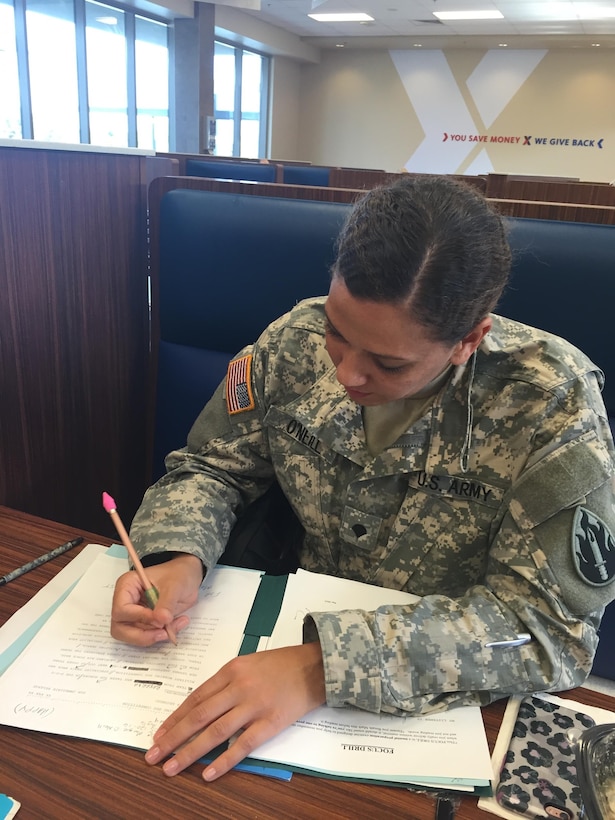 FORT MEADE, Md. - In preparation for her first day of announcing, Spc. Monique O'Neill marks up her broadcast copy (to help her remember how she wants to sound on air) after class on August 16, 2016. O'Neill is enrolled in class at the Defense Information School to become a "46R," or "Broadcast Videographer." Upon completion, O'Neill will have attained skills in video shooting and editing, radio operation, voice and broadcast writing skills; and will continue to practice at her unit, the 206th Broadcast Operations Detachment in Grand Prairie, Texas.  (U.S. Army Reserve photo by Sgt. Rebecca Newton/Released)