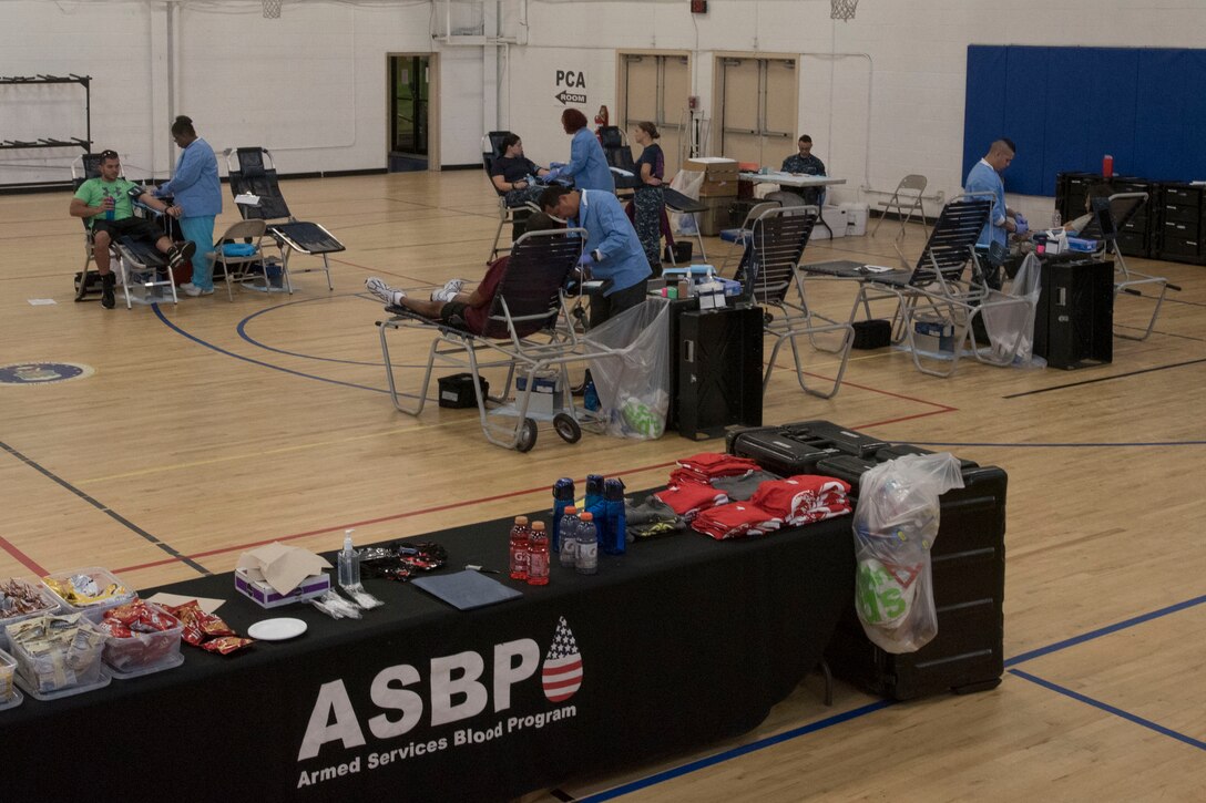 Members of Joint Base Andrews donate blood during a drive for the Armed Services Blood Program at the West Fitness Center on Joint Base Andrews, Md., Aug. 16, 2016. The ASBP collected blood donations that will be shipped into theater and to medical treatment facilities around the National Capital Region. 