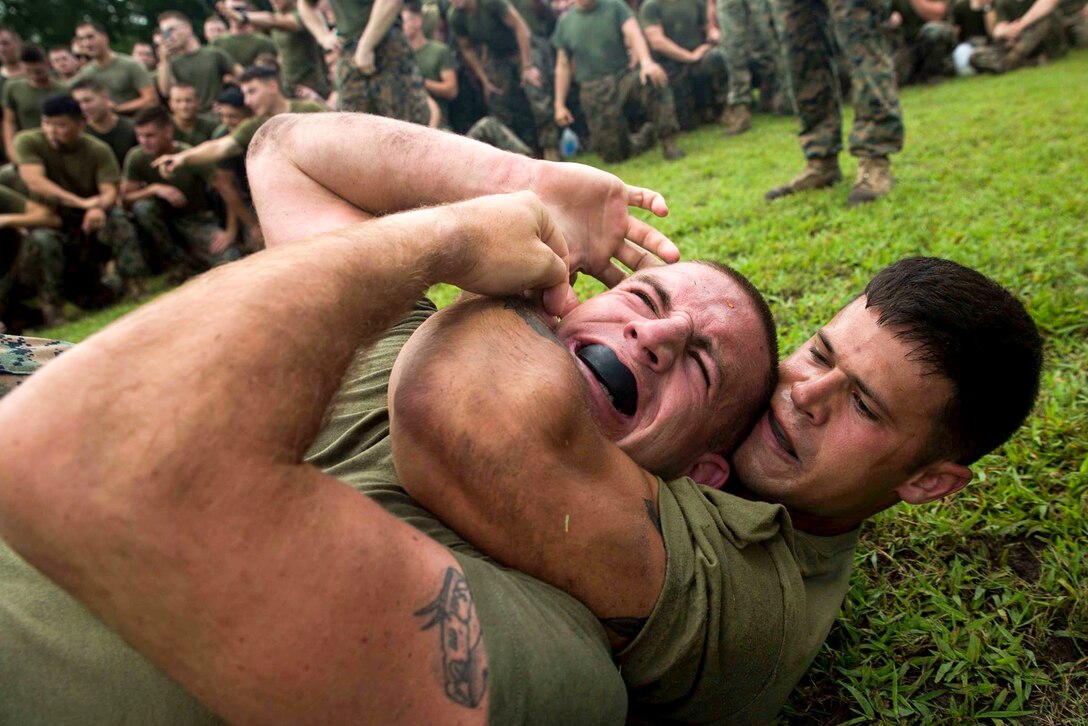 Service members grapple during a Teufel Hunden, or Devil Dog, challenge at Camp Lejeune, N.C., Aug. 12, 2016. During the event, Marines and sailors competed in sprint relays, pugil-stick fighting, a pullup and pushup competition, ground fighting and a high-intensity tactical training course. Marine Corps photo by Lance Cpl. Brianna Gaudi