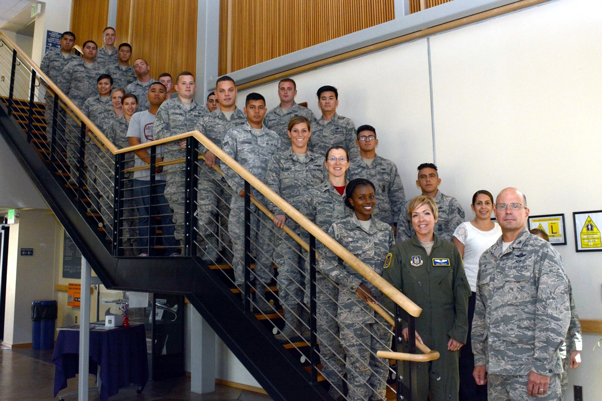 The 349th Air Mobility Wing welcomes it's newest members to the "Golden Gate Wing" with a photo with Col. Raymond A. Kozak, 349th AMW commander (lower right), Aug. 13, 2016 at Travis Air Force Base, Calif.
