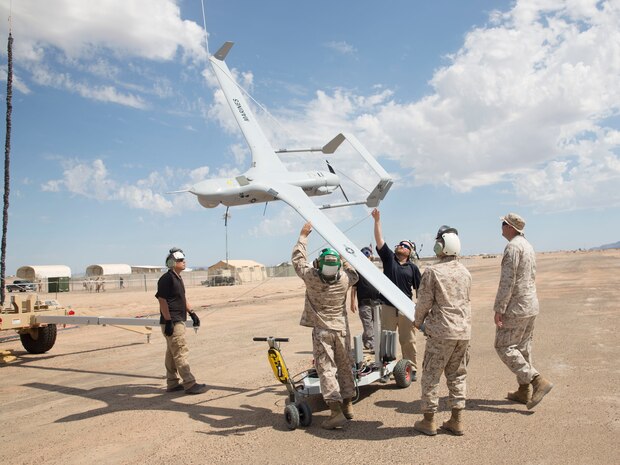 Marines with Marine Unmanned Aerial Vehicle Squadron (VMU) 1 recover their new RQ-21A Blackjack Unmanned Aerial System after its flight aboard Cannon Air Defense Complex in Yuma, Ariz., Aug. 16. VMU-1 received their new Blackjack’s in June and conducted training to increase their proficiency with the new aircraft before they deploy with the 15th Marine Expeditionary Unit next year. The new aircraft is runway independent and leaves a significantly smaller footprint than their previous UAS. (U.S. Marine Corps photo by Sgt. Brytani Wheeler)