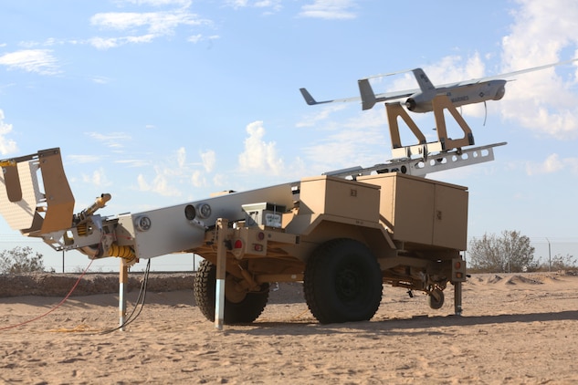 An RQ-21A Blackjack Unmanned Aerial System launches from the Small Tactical Unmanned Aerial System Launching equipment during training for Marine Unmanned Aerial Vehicle Squadron (VMU) 1 aboard Cannon Air Defense Complex in Yuma, Ariz., Aug. 16. VMU-1 received their new Blackjack’s in June and conducted training to increase their proficiency with the new aircraft before they deploy with the 15th Marine Expeditionary Unit next year. The new aircraft is runway independent and leaves a significantly smaller footprint than their previous UAS. (U.S. Marine Corps photo by Pfc. Jake M.T. McClung)