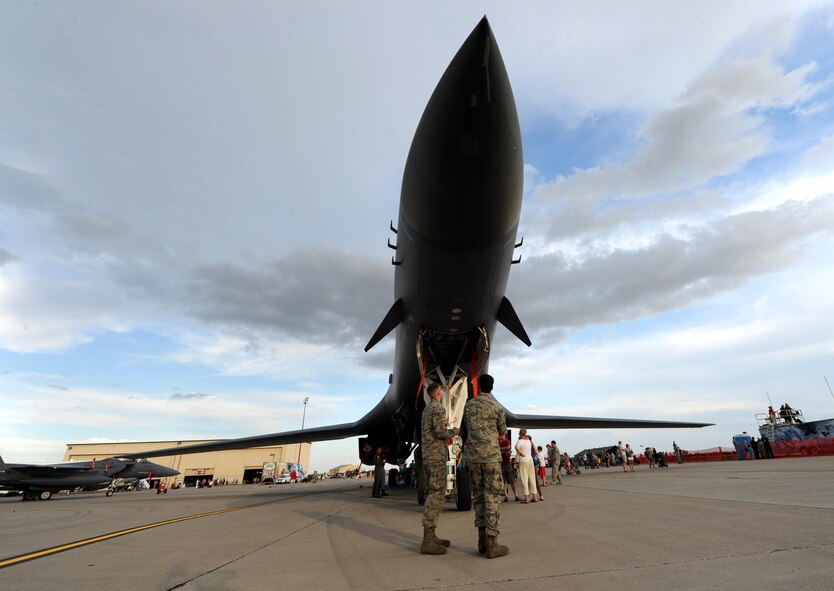 A B-1 Lancer sits on the flightline during the Northern Neighbors Day practice show at Minot Air Force Base, N.D., Aug. 12, 2016. The bomber was part of many static displays that spectators had a chance to tour during the Northern Neighbors Day Air Show. (U.S. Air Force photo by Staff Sgt. Chad Trujillo)

