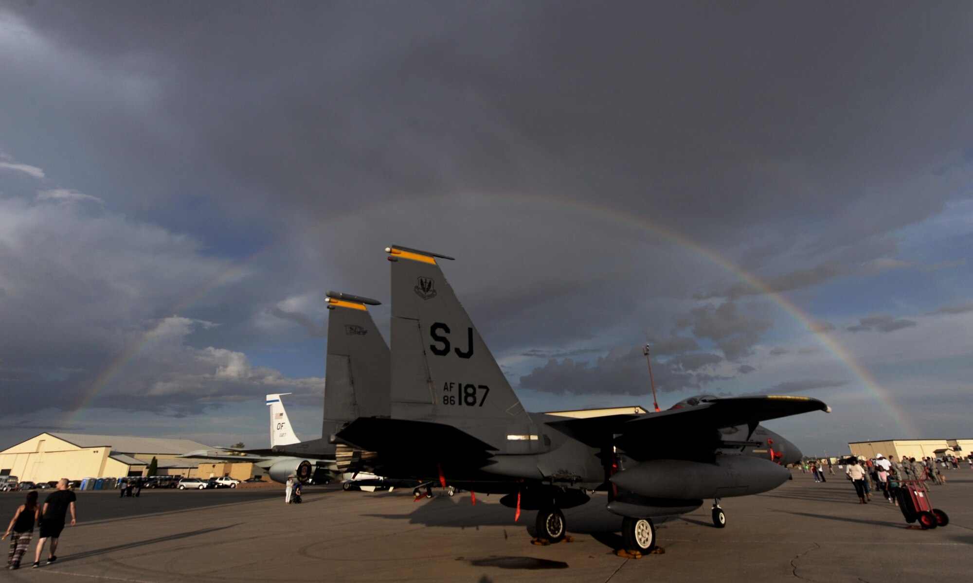 A F-15E Strike Eagle sits on the flightline during the Northern Neighbors Day practice show at Minot Air Force Base, N.D., Aug. 12, 2016. The fighter jet was part of many static aircraft for spectators to experience at the air show. (U.S. Air Force photo by Staff Sgt. Chad Trujillo)