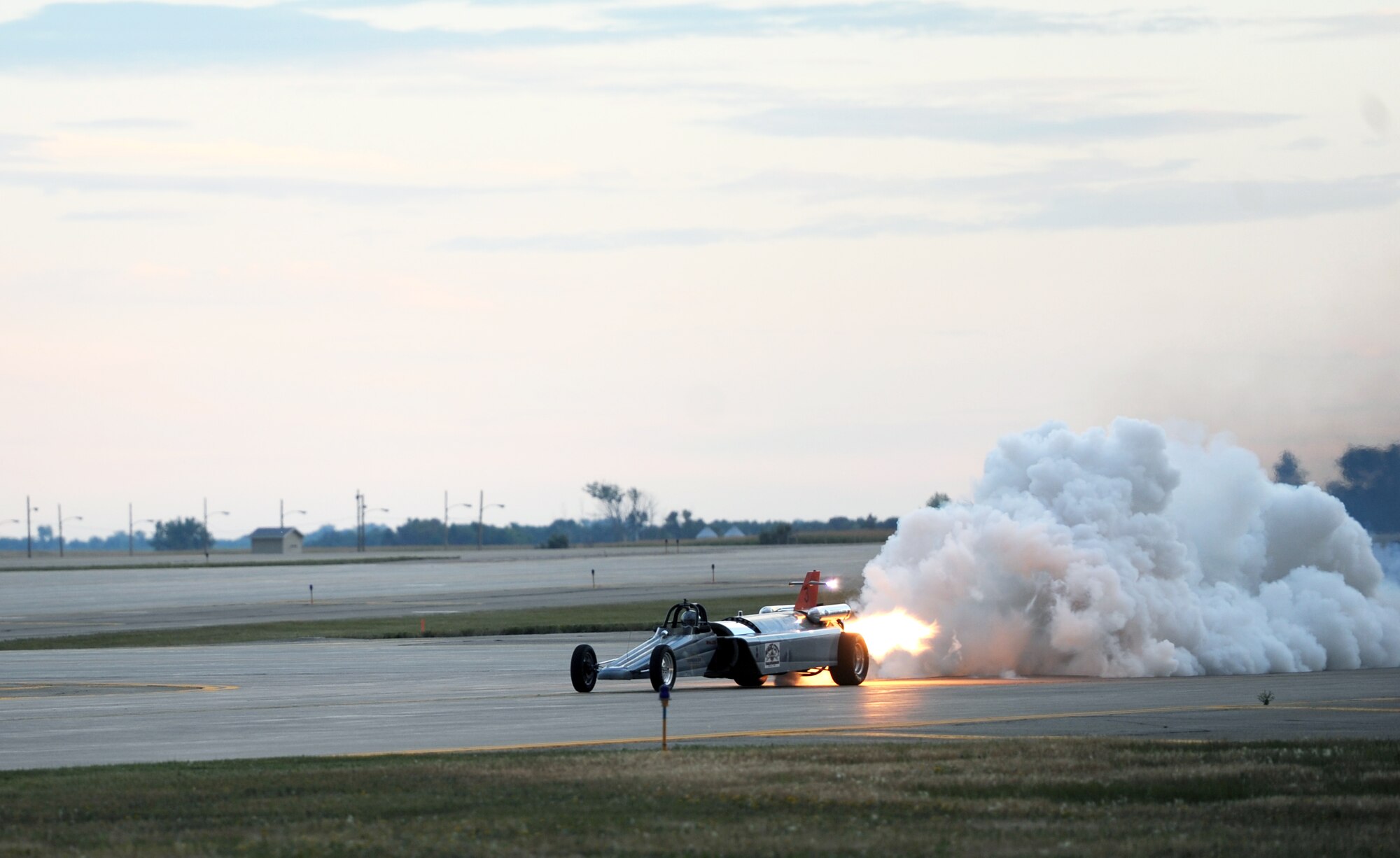 The Smoke-N-Thunder Jet Car demonstrated its speed during the Northern Neighbors Day practice show at Minot Air Force Base, N.D., Aug. 12, 2016. The air show was the first Minot AFB has hosted in seven years. (U.S. Air Force photo by Staff Sgt. Chad Trujillo)