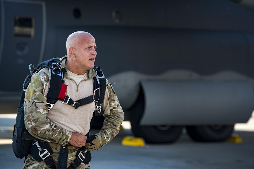 U.S. Air Force Senior Master Sgt. Louis Distelzweig, 347th Operations Support Squadron pararescueman, prepares for a high-altitude, low-opening jump, Aug. 18, 2016, at Moody Air Force Base, Ga. This was Distelzweig’s final jump before retiring after 28 years of service as a pararescueman. (U.S. Air Force photo by Staff Sgt. Ryan Callaghan)
