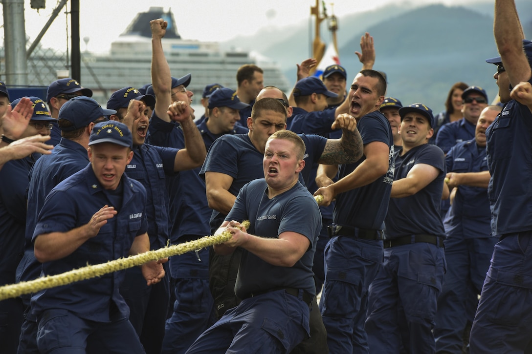 Coast Guardsmen compete in a tug of war competition during the Buoy Tender Roundup Olympics at Coast Guard Station Juneau, Alaska, Aug. 17, 2016. Service members assigned to U.S. Coast Guard and Canadian buoy tenders stationed throughout Alaska and the Pacific Northwest participated in the event, which included training and maintenance activities. Coast Guard photo by Petty Officer 2nd Class Jon-Paul Rios