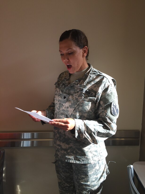 FORT MEADE, Md. – U.S. Army Reserve Spc. Monique O’Neill practices announcing on August 16, 2016. O’Neill is enrolled in class at the Defense Information School to become a “46R,” or “Broadcast Videographer.” Upon completion, O’Neill will have attained skills in video shooting and editing, radio operation and delivery, voice and broadcast writing skills; and will continue to practice her new profession at her unit, the 206th Broadcast Operations Detachment in Grand Prairie, Texas. (U.S. Army Reserve photo by Sgt. Rebecca Newton/Released)