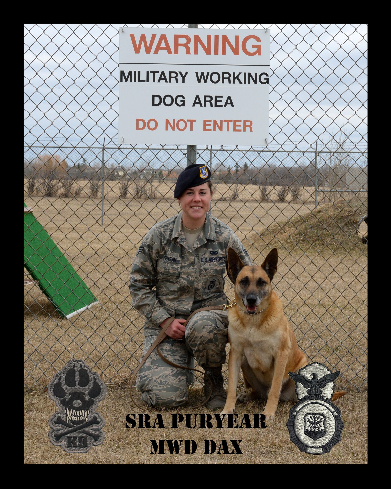 Senior Airman Amanda Puryear, 5th Security Forces Squadron military working dog handler and her K-9 Dax pose for their official photo at Minot Air Force Base, N.D., April 4, 2016. MWD Dax will soon retire from the U.S. Air Force after 10 years of honorable service. (U.S. Air Force photo/Airman 1st Class Matthew Rauschnot)