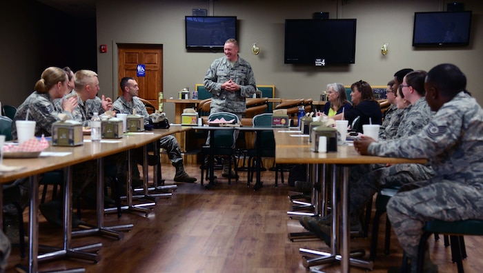 Chief Master Sgt. Fred Wetzel, 341st Security Forces Squadron superintendent, hosts a Lean in Circle professional development luncheon Aug. 18, 2016, at Malmstrom Air Force Base, Mont. Wetzel said the secret to his success was networking and building friendships with as many people as possible, because everyone had a talent he doesn’t have. (U.S. Air Force photo/Airman 1st Class Magen M. Reeves)