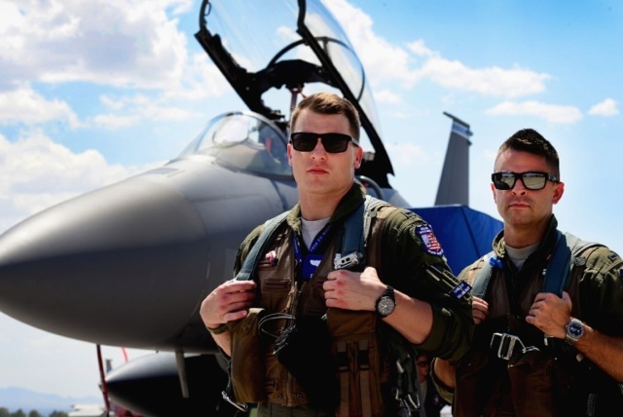 U.S. Air Force 1st Lieutenant Drew Lyons, 492nd Fighter Squadron, F-15E Strike Eagle pilot, and 1st Lieutenant J. Paul Reasner, 492nd FS, F-15E Strike Eagle weapon systems officer, gear up for a sortie in support of exercise Red Flag 16-4 at Nellis Air Force Base, Nevada Aug 17. Lyons and Reasner’s goal as first-time participants at Red Flag is to benefit from each training scenario and become better wingmen for their squadron. (U.S. Air Force photo/ Tech. Sgt. Matthew Plew)