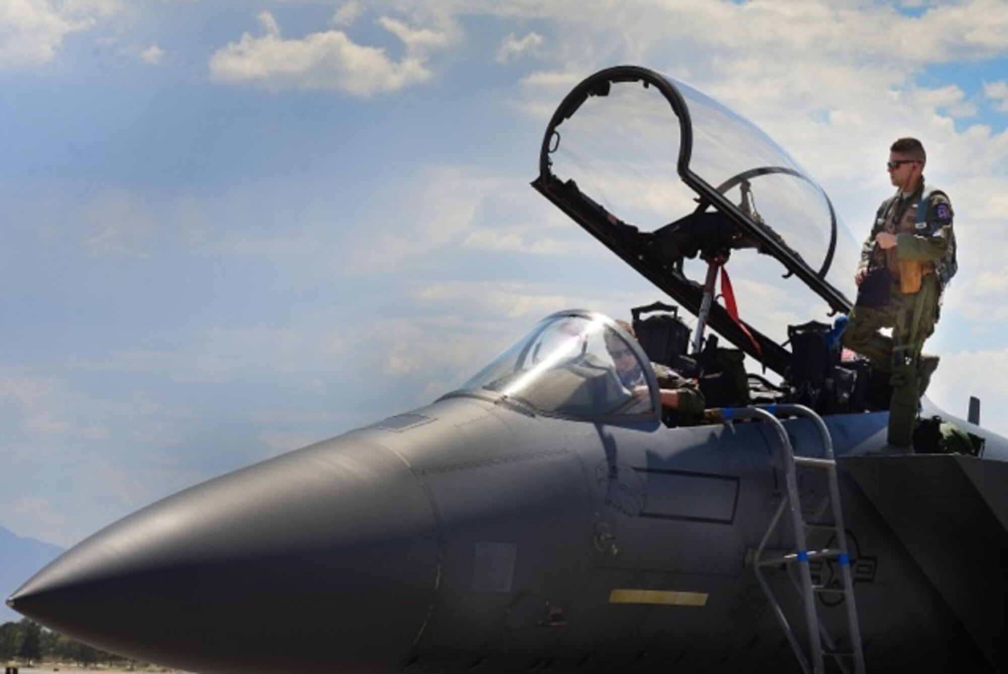 U.S. Air Force 1st Lieutenant Drew Lyons, 492nd Fighter Squadron, F-15E Strike Eagle pilot, and 1st Lieutenant J. Paul Reasner, 492nd FS, F-15E Strike Eagle weapon systems officer, make final observations of their aircraft prior to a sortie in support of exercise Red Flag 16-4 at Nellis Air Force Base, Nevada Aug 17. Red Flag is the U.S. Air Force’s premier air-to-air combat training exercise and one of a series of advanced training programs that is administered by the U.S. Air Force Warfare Center and executed through the 414th Combat Training Squadron. (U.S. Air Force photo/ Tech. Sgt. Matthew Plew)