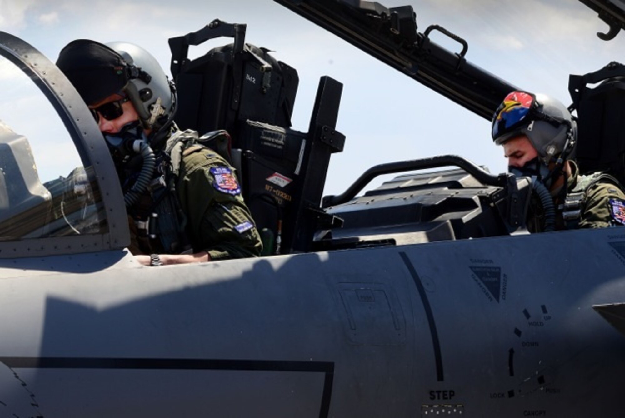 U.S. Air Force 1st Lieutenant Drew Lyons, 492nd Fighter Squadron, F-15E Strike Eagle pilot, and 1st Lieutenant J. Paul Reasner, 492nd FS, F-15E Strike Eagle weapon systems officer, run through their pre-flight systems checks for a sortie in support of exercise Red Flag 16-4 at Nellis Air Force Base, Nevada Aug 17. Lyons and Reasner’s goal as first-time participants at Red Flag is to benefit from each training scenario and become better wingmen for their squadron. (U.S. Air Force photo/ Tech. Sgt. Matthew Plew)