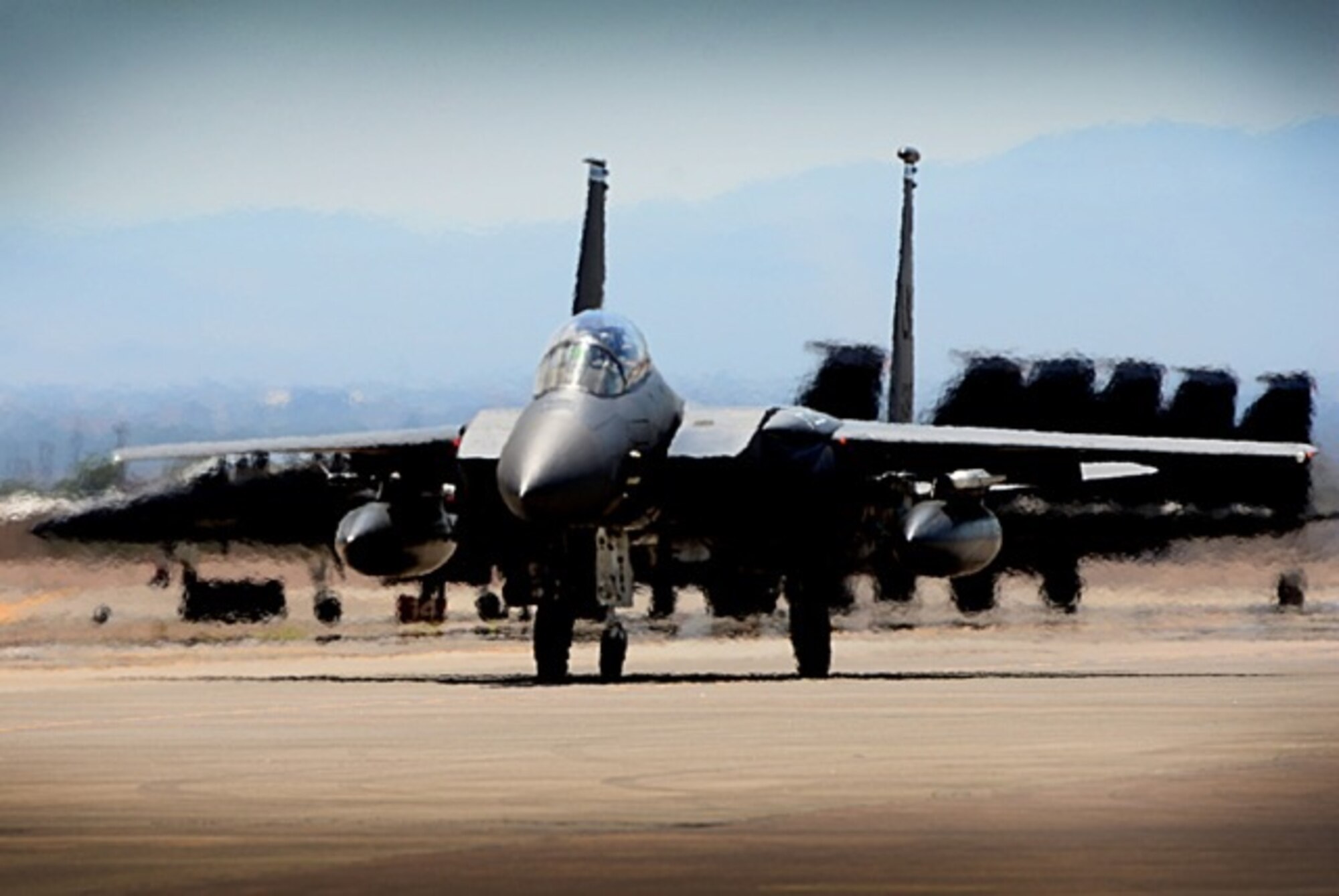 U.S. Air Force 1st Lieutenant Drew Lyons, 492nd Fighter Squadron, F-15E Strike Eagle pilot, and 1st Lieutenant J. Paul Reasner, 492nd FS, F-15E Strike Eagle weapon systems officer, taxi for a sortie in support of exercise Red Flag 16-4 at Nellis Air Force Base, Nevada Aug 17. Red Flag is a realistic combat exercise involving U.S. and allied air forces conducing training operations on the 15,000 square mile Nevada Test and Training Range. (U.S. Air Force photo/ Tech. Sgt. Matthew Plew)