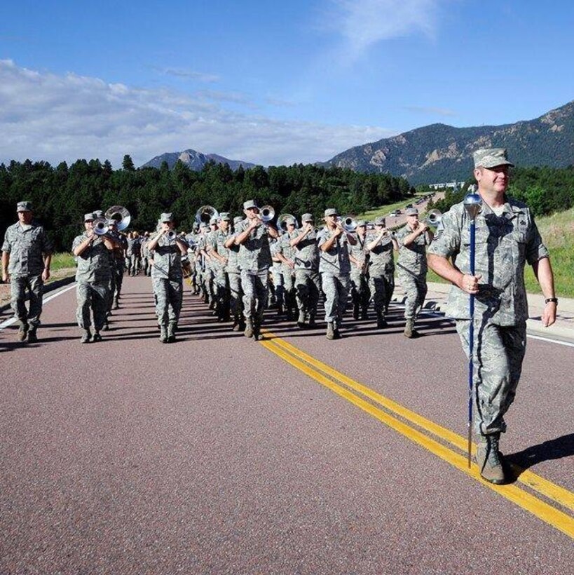 The USAFA Band, led by MSgt Tim Allums, marching U.S. Air Force Academy's Cadet Class of 2019 to Jacks Valley!