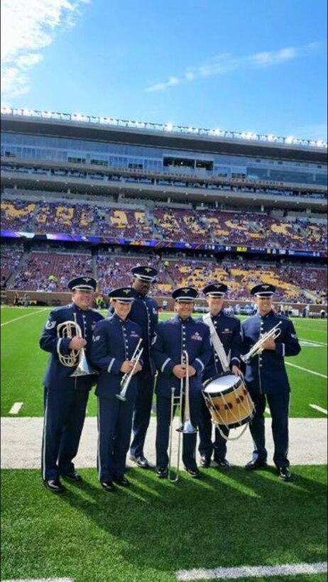 Stellar Brass performing on field for the Minnesota Vikings Game!
Pictured left to right: TSgt Ken Soper, SrA Kristen Cazenave, TSgt Emmanuel Jester, MSgt Jeremy Grant, SrA Matt Levine, and SrA Adrian Holton.