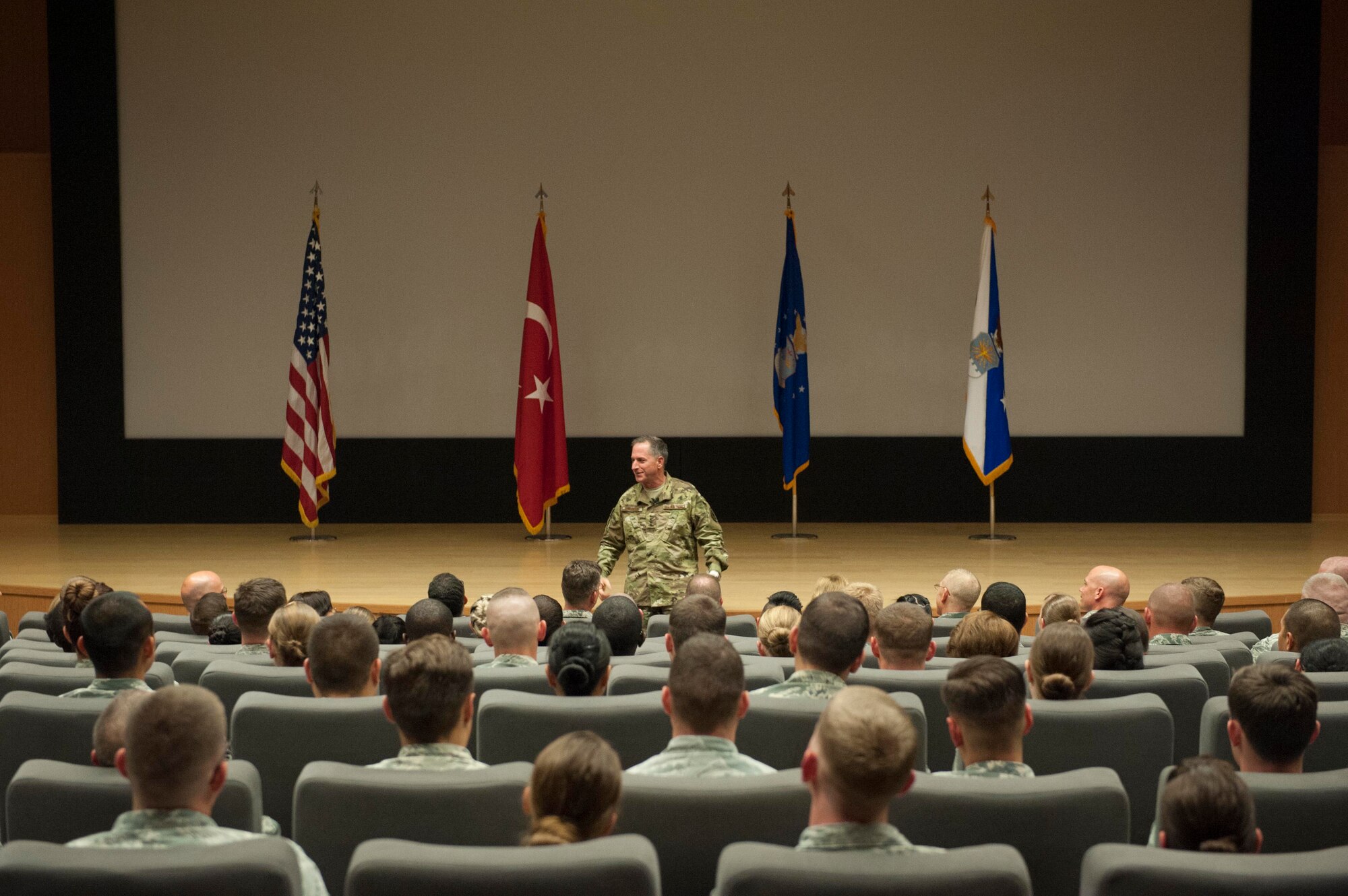 U.S. Air Force Chief of Staff Gen. David L. Goldfein speaks to 39th Air Base Wing Airmen Aug. 17, 2016, at Incirlik Air Base, Turkey. Goldfein answered questions to get an understanding what issues Airmen are concerned with pertaining to the future of the Air Force. (U.S. Air Force photo by Airman 1st Class Devin M. Rumbaugh)  
