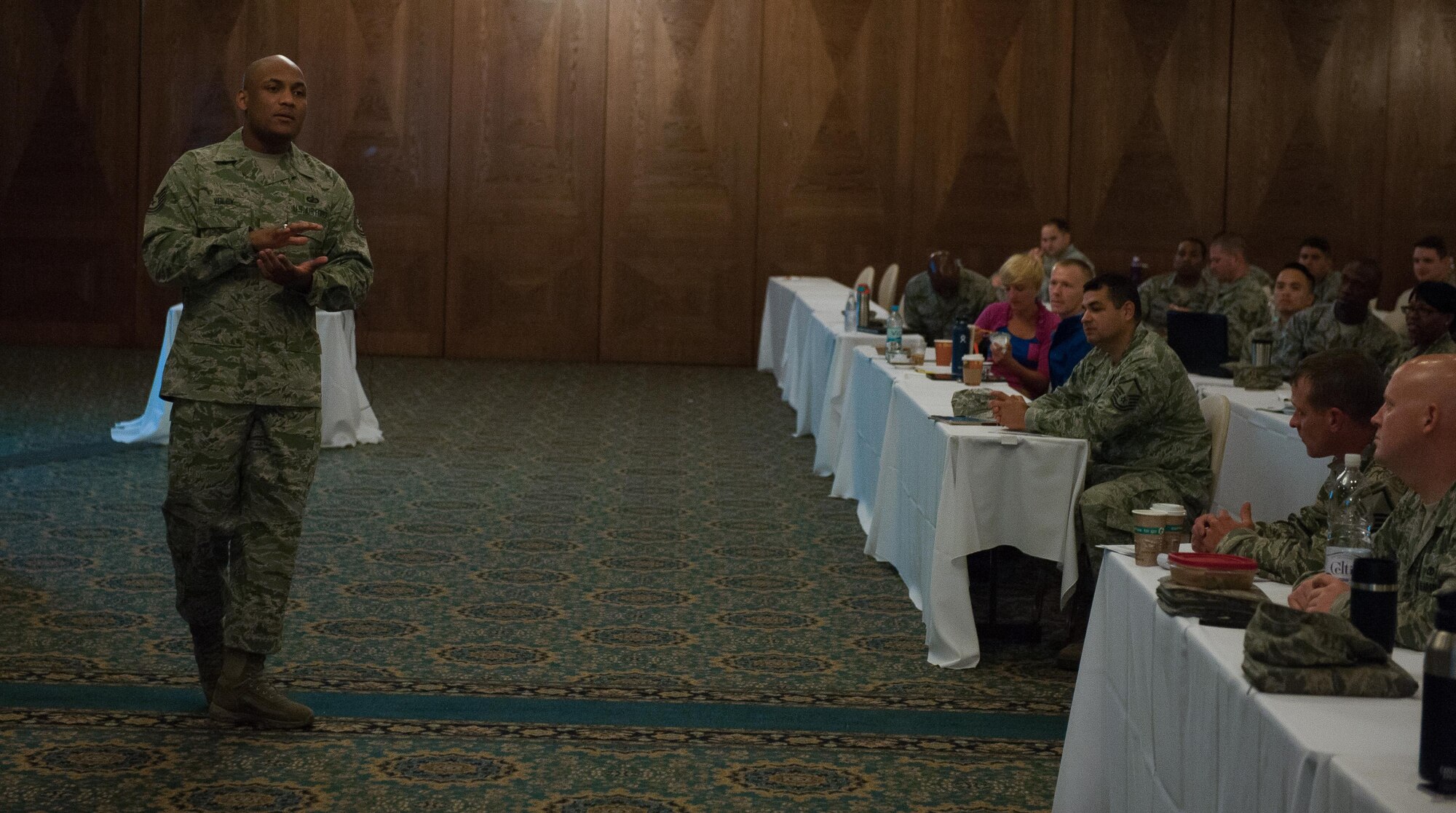 Tech. Sgt. Gerry Volcy, 86th Comptroller Squadron supervisor budget analyst, speaks during a professional enhancement seminar Aug. 11, 2016, at Ramstein Air Base, Germany. Master sergeants and master sergeants selects learned about ethics, mentoring, counseling, stress management and core values during the three-day course. (U.S. Air force photo/Airman 1st Class Lane T. Plummer)