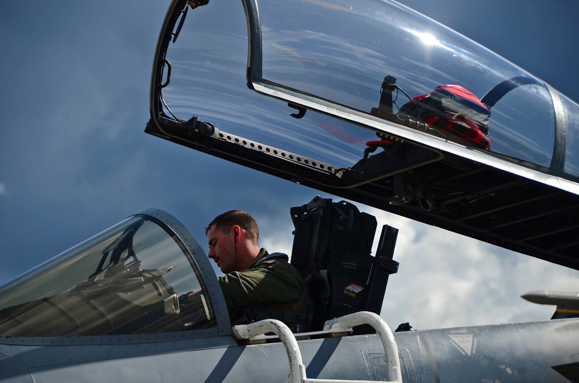 U.S. Air Force 1st Lt. Graham Johnson, 493rd Fighter Squadron F-15C Eagle pilot assigned to Royal Air Force Lakenheath, England, completes a sortie at Ämari Air Base, Estonia, Aug. 12, 2016. F-15C Eagles from the 493rd Fighter Squadron and California Air National Guard’s 194th Expeditionary Fighter Squadron from Fresno are participating in a multinational flying training deployment in Estonia to strengthen and secure NATO partnerships and capabilities, while focusing on dissimilar air training. (U.S. Air Force photo/Senior Airman Erin Trower)