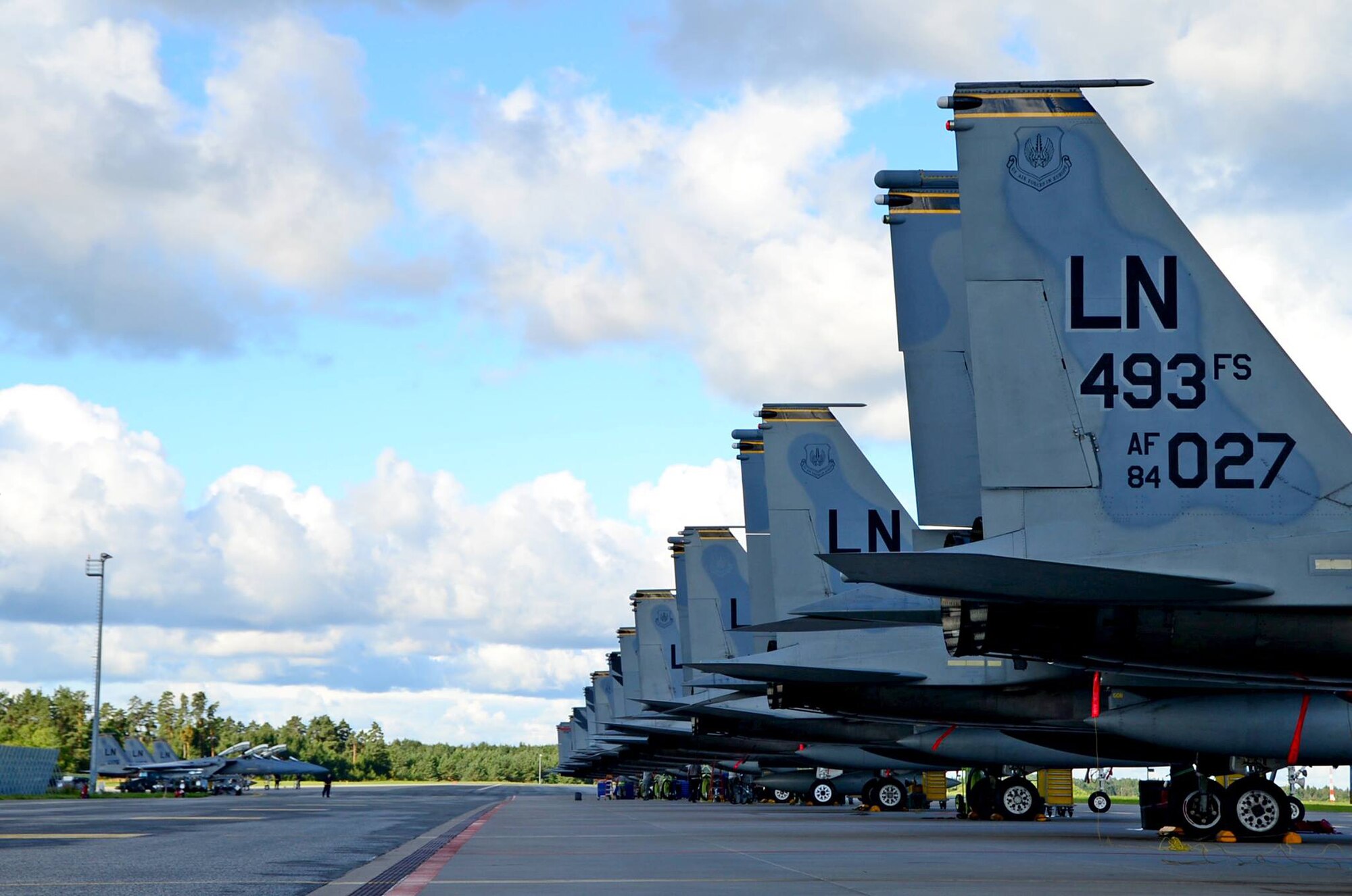 A fleet of F-15C Eagles assigned to the 493rd Fighter Squadron from Royal Air Force Lakenheath, England, prepare for routine maintenance while participating in a flying training deployment at Ämari Air Base, Estonia, Aug. 15, 2016. The multinational exercise includes the U.S., Sweden, Finland, the U.K., and Estonia, and highlights their mutual abilities to work together toward regional security. (U.S. Air Force photo/Senior Airman Erin Trower) 
