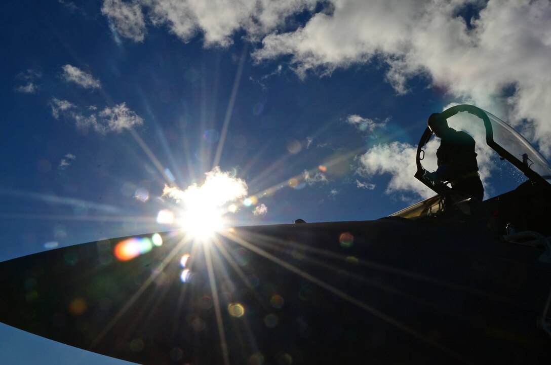 A U.S. Air Force Airman from the 748th Aircraft Maintenance Squadron performs routine maintenance checks on a 493rd Fighter Squadron F-15C Eagle assigned to Royal Air Force Lakenheath, England, at Ämari Air Base, Estonia, Aug. 15, 2016. F-15C Eagles from the 493rd FS and the California Air National Guard’s 194th Expeditionary Fighter Squadron from Fresno are participating in a multinational flying training deployment in Estonia to strengthen and secure NATO partnerships and capabilities, while focusing on dissimilar air training. (U.S. Air Force photo/Senior Airman Erin Trower)