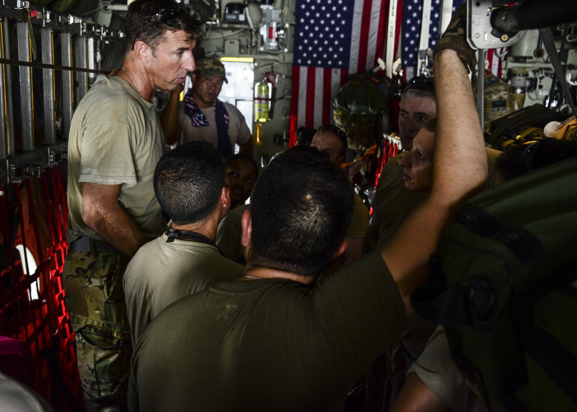 Lt. Col. C.J. Pfeil, 746th Expeditionary Airlift Squadron co-pilot, briefs the rest of the C-130 Hercules crew prior to take off June 28, 2016, at Al Udeid Air Base, Qatar. Airmen from the 746th EAS conduct intratheater airlifts, medical evacuation and airdrop missions throughout the U.S. Air Forces Central Command’s area of responsibility in support of Operation Inherent Resolve and Operations Freedom’s Sentinel. They are deployed from the 914th Airlift Wing out of Niagara Falls Air Reserve Station, N.Y. (U.S. Air Force photo/Senior Airman Janelle Patiño/Released)