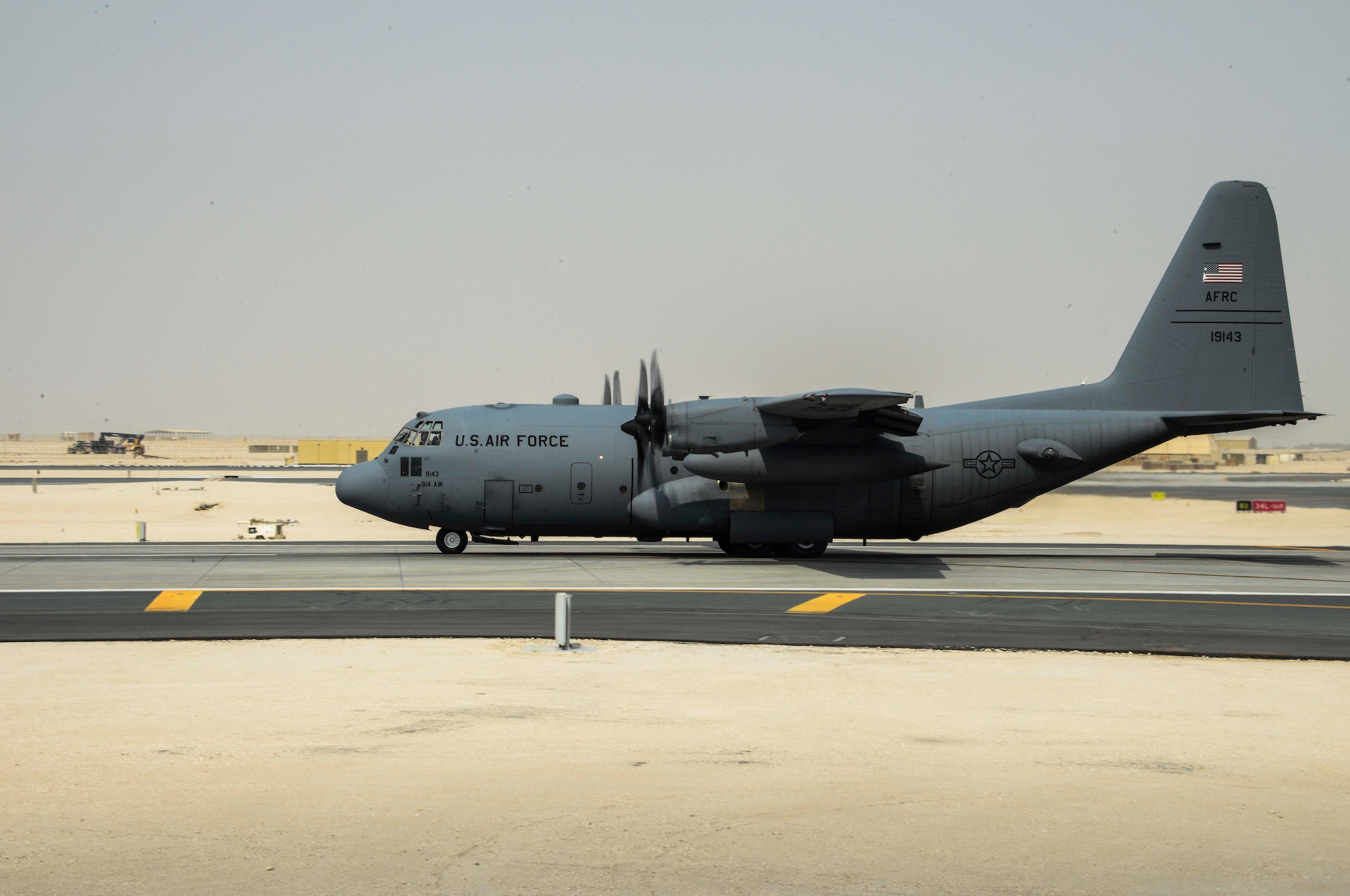 A C-130 Hercules taxis down the runway prior to take off June 28, 2016, at Al Udeid Air Base, Qatar. Airmen from the 746th EAS conduct intratheater airlifts, medical evacuation and airdrop missions throughout the U.S. Air Forces Central Command’s area of responsibility in support of Operation Inherent Resolve and Operations Freedom’s Sentinel. This year marks the last deployment here for the 914th Airlift Wing Airmen and four of its C-130’s as they transition to KC-135 Stratotankers. (U.S. Air Force photo/Senior Airman Janelle Patiño/Released)