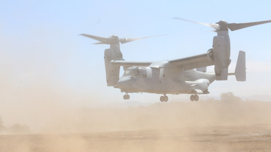 An MV-22B Osprey with Marine Medium Tiltrotor Squadron 161 takes off from a simulated combat zone during a casualty evacuation exercise aboard Marine Corps Base Camp Pendleton, California, August 17, 2016. Marines with VMM-161 conducted the exercise in support of 5th Battalion, 11th Marines, in order to increase proficiency in conducting CAS EVACS. 