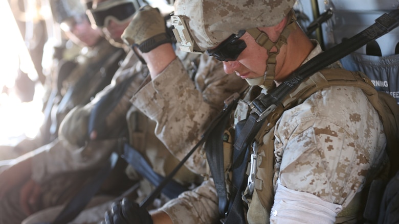 Marines with 5th Battalion, 11th Marines, sit in an MV-22B Osprey during casualty evacuation training aboard Marine Corps Base Camp Pendleton, California, August 17, 2016. Marine Medium Tiltrotor Squadron 161 supported 5th Battalion, 11th Marines, in order to increase proficiency in conducting CAS EVACS. 