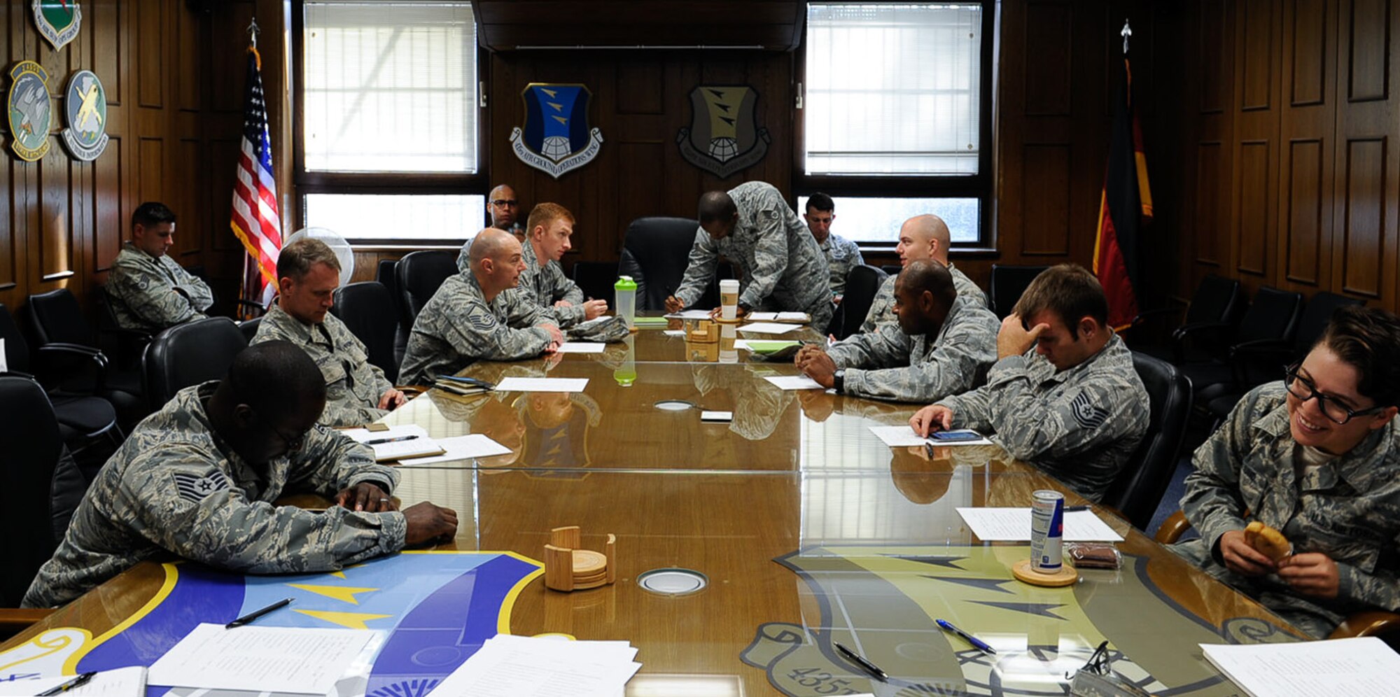 Members of the 435th Air Ground Operations Wing attend wing inspection team training July 18, 2016, at Ramstein Air Base, Germany. Airmen are selected from different base units and trained to identify deficiencies and opportunities to excel within their units’ programs. (U.S. Air Force photo/ Airman 1st Class Savannah L. Waters)