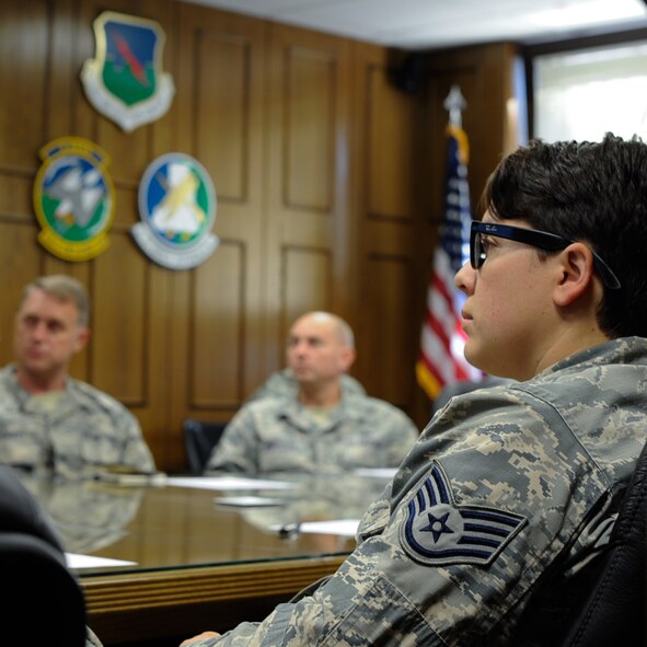 Staff Sgt. Megan Thorlund, 1st Combat Communications Squadron quality assurance evaluator, listens during wing inspection team training July 18, 2016, at Ramstein Air Base, Germany. WIT aims to ensure units adhere to the standard. (U.S. Air Force photo/ Airman 1st Class Savannah L. Waters)