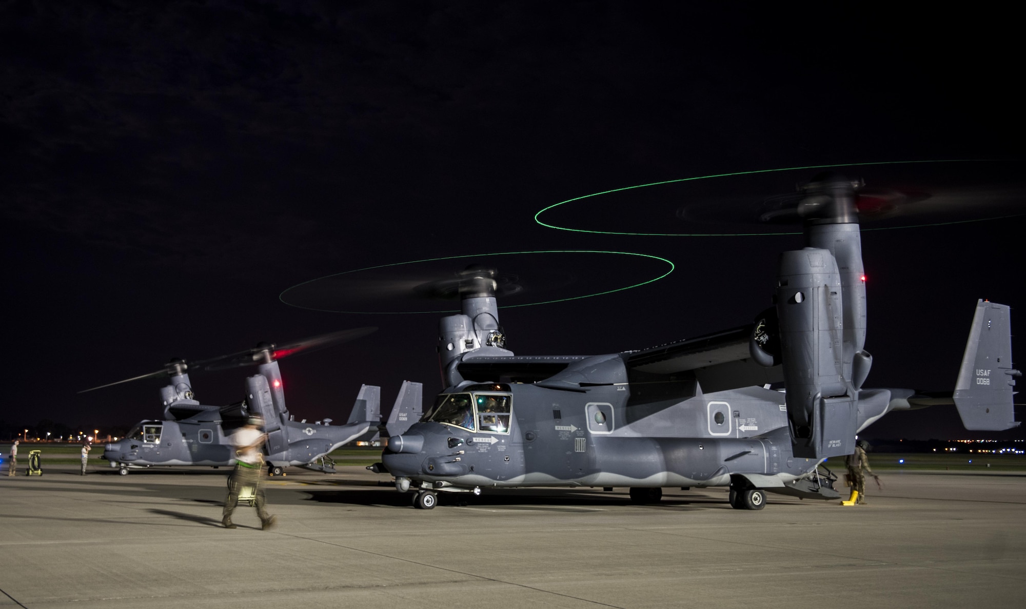 CV-22 Ospreys prepare to shut down after conducting a simulated contingency operations during Task Force Exercise Olympus Archer at Wright Patterson Air Force Base, Ohio, Aug. 17, 2016. Olympus Archer provides training opportunities for more than 230 Air Commandos, with an emphasis on medical and flying operations. (U.S. Air Force photo by Staff Sgt. Christopher Callaway)