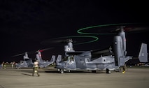 CV-22 Ospreys prepare to shut down after conducting a simulated contingency operations during Task Force Exercise Olympus Archer at Wright Patterson Air Force Base, Ohio, Aug. 17, 2016. Olympus Archer provides training opportunities for more than 230 Air Commandos, with an emphasis on medical and flying operations. (U.S. Air Force photo by Staff Sgt. Christopher Callaway)