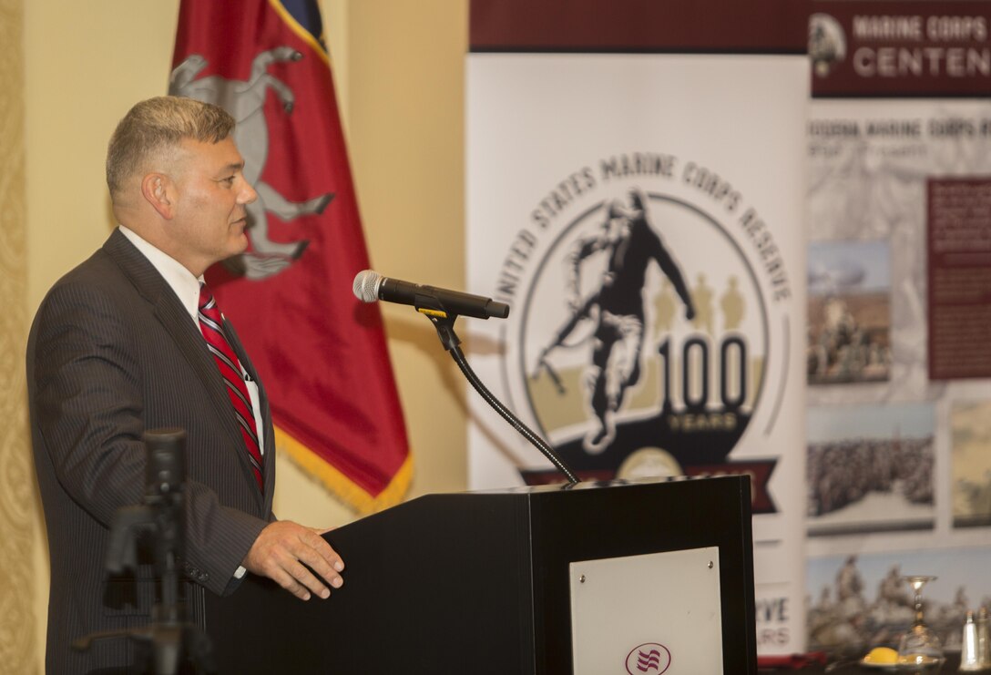 Retired Col. Gregg T. Habel, executive director of Marine Forces Reserve and Marine Forces North, speaks during the 31st annual reunion and muster of the Marine Corps Mustang Association at the Astor Crowne Plaza French Quarter Hotel in New Orleans, Aug. 18, 2016. Habel was the guest speaker at the event and spoke about the centennial of the Marine Corps Reserve. For 100 years the Marine Corps Reserve has provided a key component to the Marine Corps’ role as the Nation’s crisis response force and expeditionary force in readiness. (U.S. Marine Corps photo by Sgt. Ian Leones/Released)