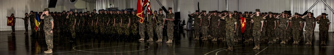 U.S. Marines with 1st Battalion, 8th Marine Regiment and 2nd Battalion, 8th Marine Regiment stand in formation with Romanian soldiers during the Black Sea Rotational Force transfer of authority on Mihal Kogalniceanu Air Base, Romania, Aug . 1, 2016. After six months, eight major exercises and more than 40 military-to-military engagements with 15 partner nations the Marines of 2/8, rotation 16.2,  relived 1/8,rotation 16.1. (U.S. Marine Corps photo by Lance Cpl. Timothy J. Lutz)