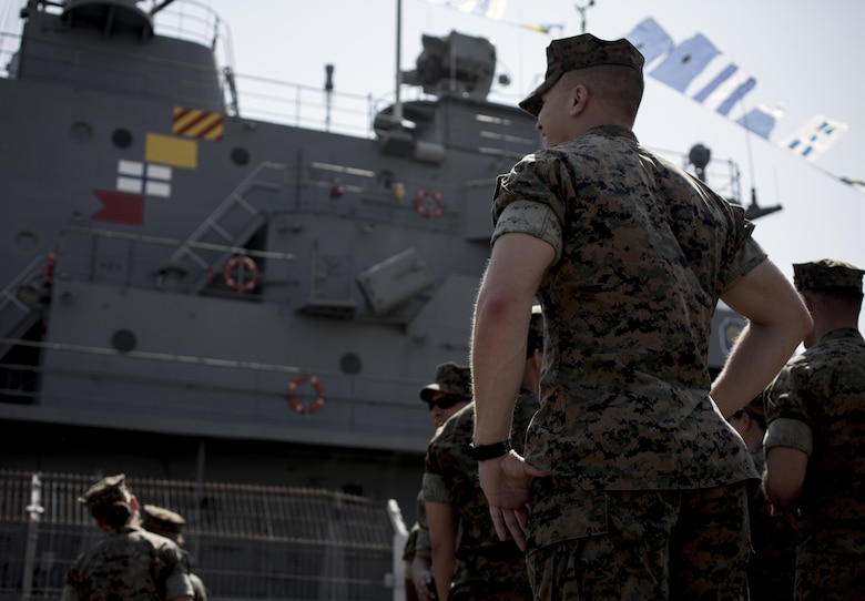U.S. Marines from the Black Sea Rotational Force prepare to board the Romanian Frigate, Mârâşeşti, during a Civilian Affairs engagement at a Romanian celebration, Open Gates Day, at the Naval Port of Constanța, Romania, Aug. 6, 2016. Black Sea Rotational Force is an annual multilateral security cooperation activity between the U.S. Marine Corps and partner nations in the Black Sea, Balkan and Caucasus regions designed to enhance participants’ collective professional military capacity, promote regional stability and build enduring relationships with partner nations.  (U.S. Marine Corps photo by Lance Cpl. Timothy J. Lutz)