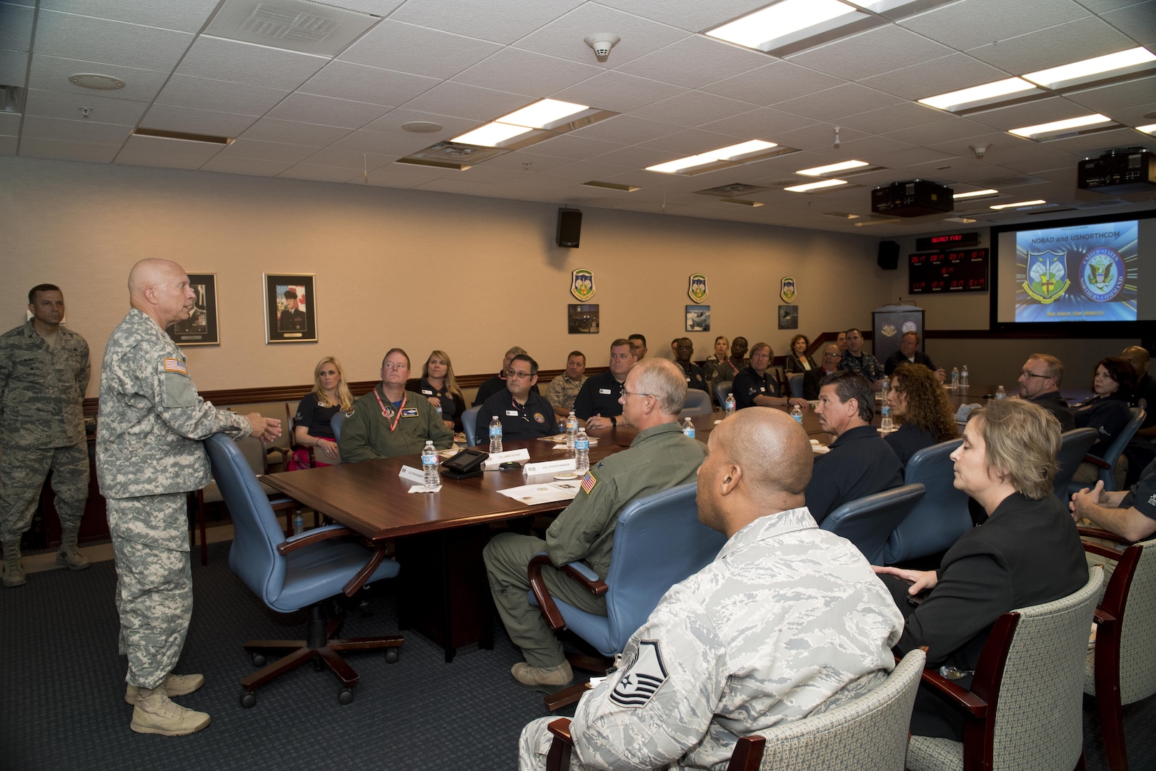Community leaders from the state of Georgia are greeted by Maj. Gen. Daniel York, Director of Reserve Forces at NORAD and USNORTHCOM, Aug. 19, 2016.  The community leaders were part of a civic leader tour and were flown to Colorado by the 94th Airlift Wing from Dobbins ARB, Ga.  The experience allowed the civic leaders to gain a clearer understanding of the roles and missions of various military organizations with an emphasis on the Air Force Reserve. 